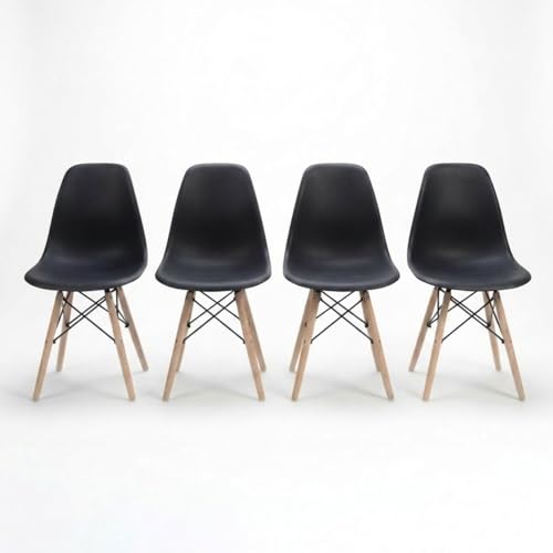 DASCK Pack 4 Sillas Nordicas de Comedor Estilo Escandinavo | Patas Haya Natural | Polipropileno Ergonomico | Carga 120 kg por Silla (Negro)
