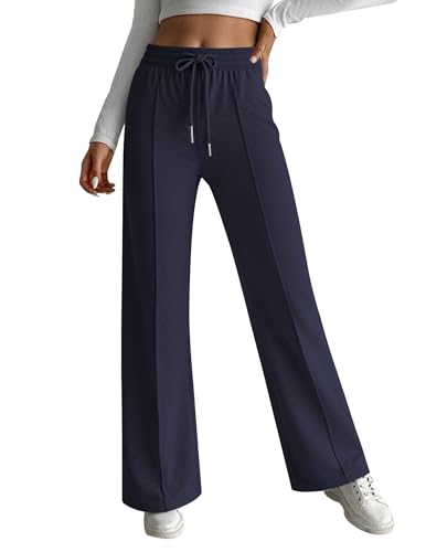 Hotouch Pantalones de chándal para mujer, pantalones holgados de cintura alta, pantalones de ocio, pantalones de pierna ancha, pantalones casuales con cintura elástica, azul marino, S