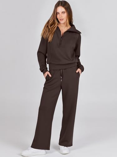 ANRABESS Women’s 2 Piece Outfits Half Zip Sweatshirt & Wide Leg Pants Airport Travel Lounge Matching Sets Sweatsuits Clothing Coffee Medium - Image 2