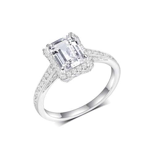 TIKJE Emerald Cut Cubic Zirconia Engagement Ring for Women Halo Design with Pave Fake Diamonds, 18K White Gold Plated, Promise Engagement Wedding Band Gift For Her Size 6-9