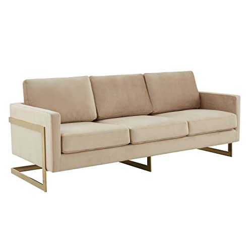LeisureMod Lincoln Mid-Century Modern Velvet Sofa, Upholstered 83 Inch Couch, 3-Seater Living Room Sofa with Gold Metal Frame for Apartment, Office, Lounge, Beige