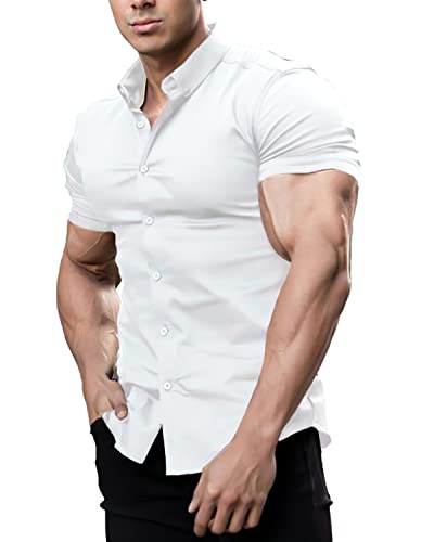 Casual Men's Muscle Fit Dress Shirts Short Sleeve Athletic Fit Button Down Shirts3