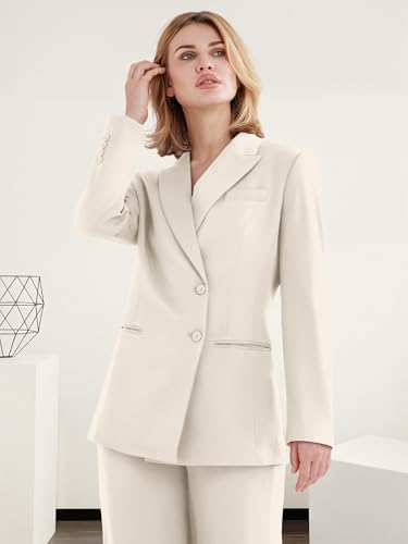 Women's 2 Piece Suit One Button Business Casual Office Work Outfits Dressy Blazer Wide Leg Pants Set Beige3