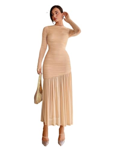 GUYOS Women's 2024 Midi Dress Long Sleeve Round Neck　Solid Slit Thigh Dress