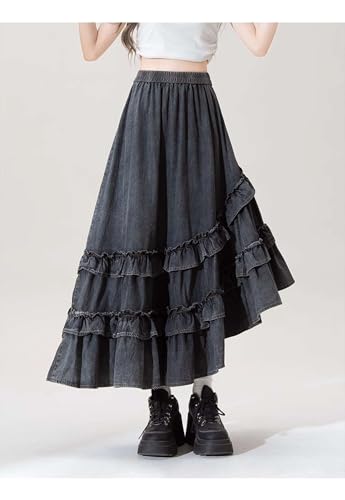 High Waisted Asymmetrical Tiered Ruffle Denim Long Skirt Women Y2k Cute Casual Flowy A Line Jean Midi Skirts4