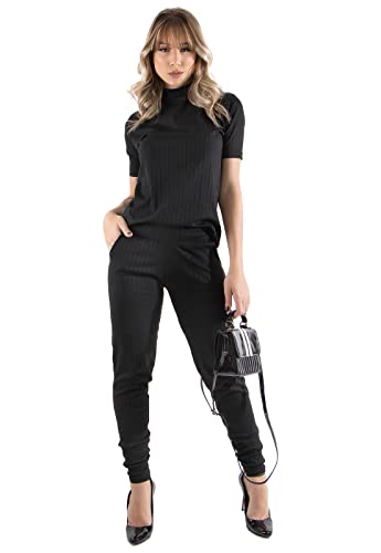 Conjunto Canelado Manga Curta Blusa Calça Jogger Feminino