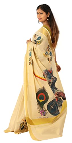 Women's Mural Printed Kerala Gold Tissue Saree with Running Blouse
