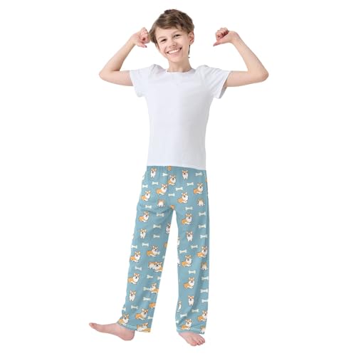 Cute Corgi and Bones Pajama Pants Lounge Sleep Pants Elastic Waist Long Pajama Bottoms with Pockets for 6-14 Years3