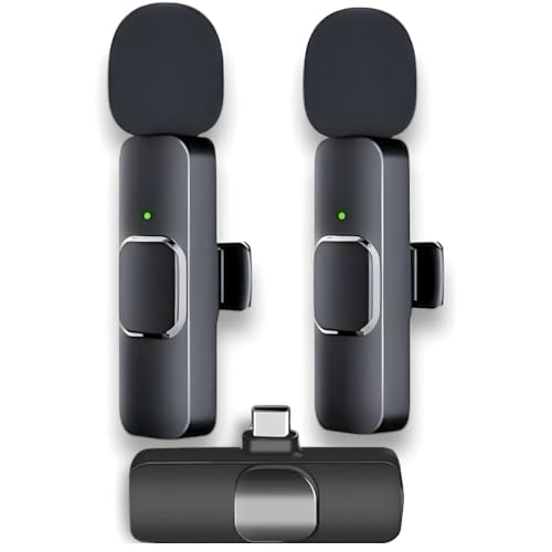 Kit Microfone Lapela Sem Fio Duplo USB-C – Redução de Ruído, Bateria 5h, Alcance 20m – Compatível com iPhone 15/16 e Android – Ideal para Vídeo, Entrevista, Vlog