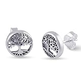 Sterling Silver Tree of Life Stud Earrings for Adult Women and Teen Ladies 0.35in