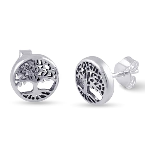 Sterling Silver Tree of Life Stud Earrings for Adult Women and Teen Ladies 0.35in