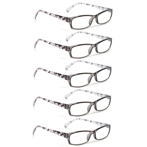 Kerecsen Reading Glasses 5 Pairs Fashion Ladies Readers Spring Hinge with Pattern Print Eyeglasses for Women (5 Grey, 3.0, x)