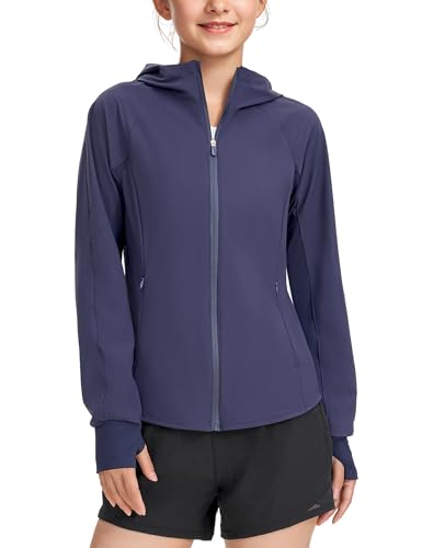 JOCMIC Girls Light Rain Jacket with Hood, Lightweight Athletic Jackets for Outdoor Sports Running Golf Hiking
