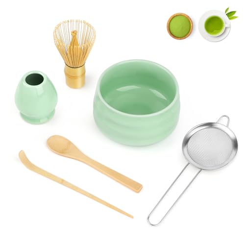 YARVPUV Te Matcha Kit 6 Piezas Matcha Set con Batidor Matcha (Chasen), Pala (Chashaku), Cuenco, Portabatidor, Tamiz y Cuchara de Matcha Accesorios para Kit Te Matcha Completo - Verde
