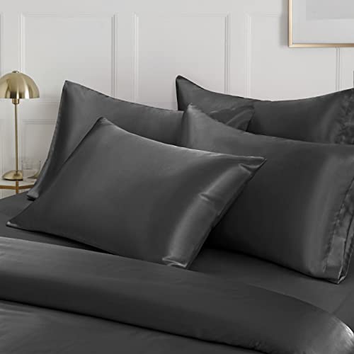 Image of Ersmak 6 Pieces Satin Duvet Cover California King Luxury Silky Bedding Duvet Cover Set with 1 Soft Duvet Cover, 4 King Pillowcases and 1 Body Pillowcase, Black