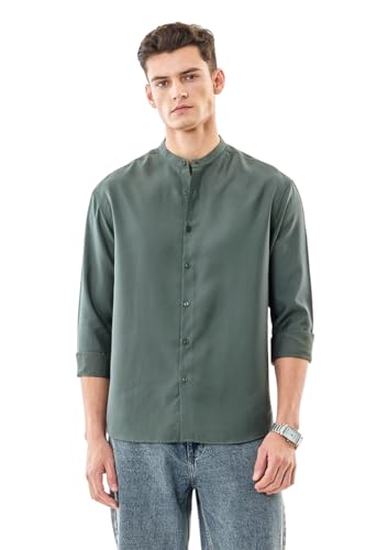 Image of SNITCH Men Casual Shirt | Oversized Fit Full Sleeve Mandarin Collar Solid Design | Modal Blend & Breathable Fabric for Everyday Wear & Semi-Formal Occasions