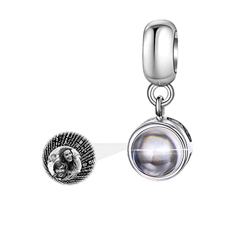 Personalized Photo Charm for Pandora Bracelet Custom Person Pet Cat Dog Picture Bead Charm 100 Languages Projection Charm with Picture (sterling silver-silver color)