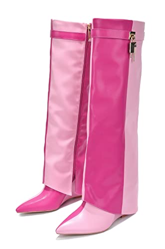 Cape Robbin Women's Wedge Boots Knee High Pull On Pointed Fold Over Wedge Heel Boots2