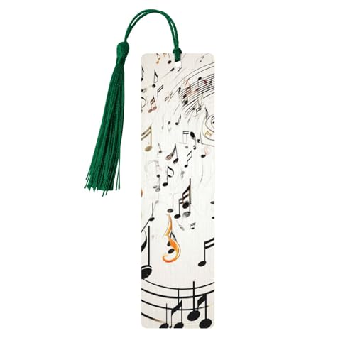 カラフルなタッセル付き木製しおり ダークグリーン、音符プリント 木製ブックマーカー パーソナライズされた木製ハンギングタグ オーナメント DIY クラフトブックマーク メンズ レディース 本好き向け