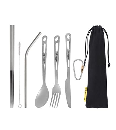 SILVERANT Titanium Cutlery Set, Lightweight Camping Utensils Combo Including Resuable Knife Fork Spoon Chopsticks Straw for Travel & Home Office Flatware Set (213 Plus- Sandblasted)