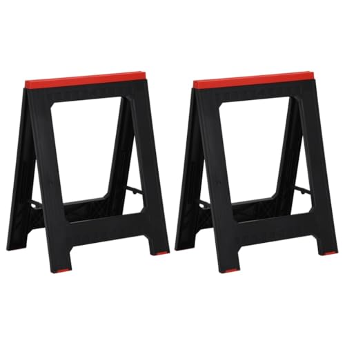Ordellia Juego de 2 caballetes plegables de polipropileno negro y rojo, 350 kg, 58 x 41,5 x 77 cm, patas antideslizantes, con regla para taller, montaje, renovación y construcción
