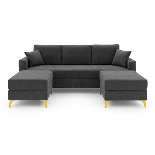 Image of SOCOZI Bravelle 5 Seater L Shape Sofa Set with 2 Movable Ottomans | Flexible Layout| Soft Velvet Suede Fabric|Modern Sofa | Plush Comfort Cushions for Living Room (Dark Gray)
