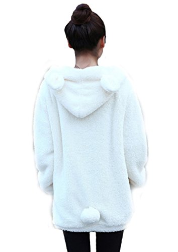Women Fashion Fluffy Tail Zip Hoodies,Winter Warm Fluffy Double Velvet Bear or Rabbit Hooded Sweatshirt (White Bear)