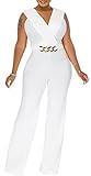 ZonJie Women's Dressy Jumpsuits Summer Sexy Party Rompers Elegant Deep V Neck Backless Clubwear Wide Leg Long Pants,30White XX-Large