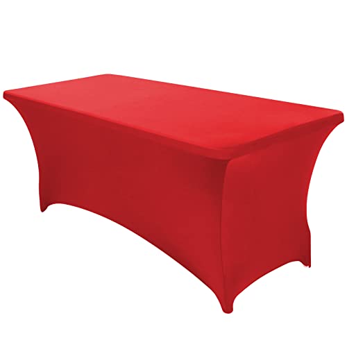 Image of SEPARO 1 Pack 8 Ft Red Table Cover Fitted Rectangular Tablecloth Stretchable Fabric Table Cloth 8 ft Wrinkle-Free for Party Tradeshows Banquet Weddings Cocktail