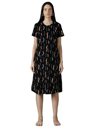 Image of 9shines Label Hosiery Cotton Knee Length Short Night Dress | Short Nighty for Women with Pocket | Graphic Print Nightwear | Night Gown for Women (M-7XL)