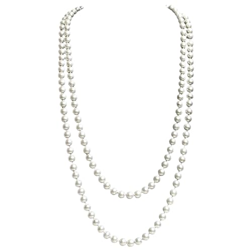 AWAVM1920 - Collar largo de perlas de imitación de moda, collar largo de perlas de imitación de estilo largo para boda de compromiso, 150 cm, collar de perlas blancas, collar, talla única, Plástico