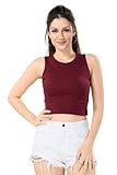 TRASA Women Knitted Slim Fit Sleeveless Rib 100 Percent Cotton Racer Back Tank Tops Crew Neck Crop - Maroon - M