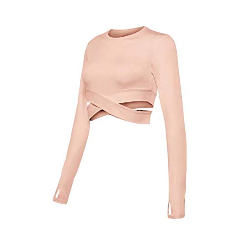 Bontierie Women Crew Neck Crop Tops Tummy Cross Long Sleeve Shirt for Yoga Fitness Running Tank Tops (Pink Long, Small)
