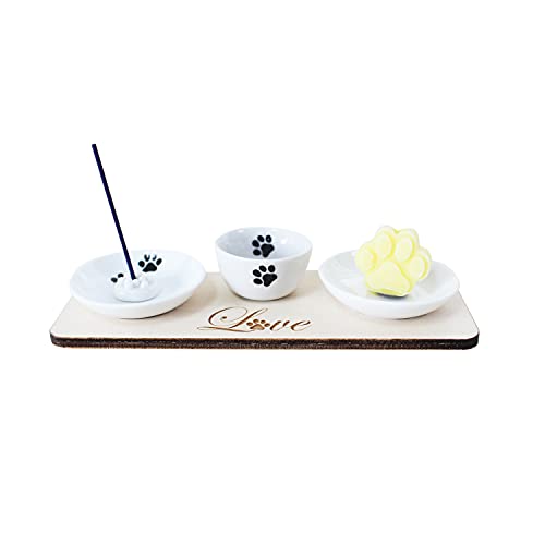 ペット 仏具 セット ウッドトレー 木製スタンド LOVE 肉球 プリント ペット供養 かわいい (ブラック)
