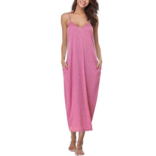 Marvmys Womens Cotton Long Nightgowns Spaghetti Strap V Neck Full Slip Sleep Shirts with Pockets Red Small
