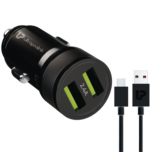 Image of UltraProlink 12W-2.4A Fast Car Charger with Dual USB Ports|Made in India | with USB A-Type C Cable 1m | Mach12 | UM1239 (Black)
