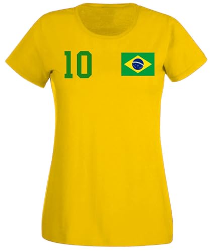 Brasilien Damen T-Shirt Brasil Trikot WM 2026 Fanartikel Personalisiert mit eigenem Namen + Nummer - Gelb L