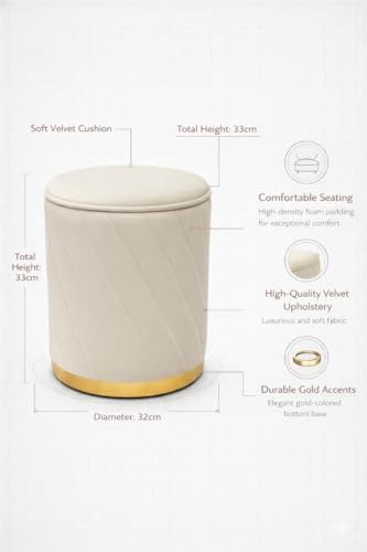 Image of Luxury Velvet Ottoman Stool for Living Room & Bedroom | Premium Round Pouffe with Gold Metal Base | Modern Footrest, Extra Seating & Home Decor (Cream Set of 2)