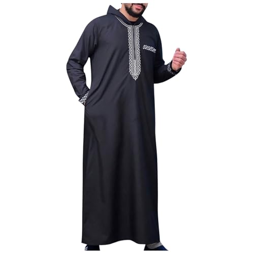 Rrongwn Vestidos musulmanes para hombre, informales, batas holgadas, camisa musulmana musulmana, ropa de caftán árabe, musulmán, ropa casual, cuello en V, ropa de dormir Ramadán, Negro , L