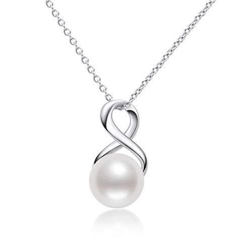 Freshwater Cultured White Pearl Pendant Necklace with Sterling Silver Chain 9-9.5mm Pearl Infinity Necklace Gift for Women Girls Valentines Day