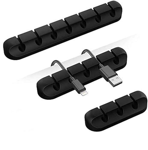 Cable Organizer Clips Cord Holder, Cable Organizer - Paquete de 3 clips autoadhesivos de silicona para organización de cables para USB, corriente y cables, para auto y escritorio, hogar y oficina (7-5-3 ranuras) (Negro)