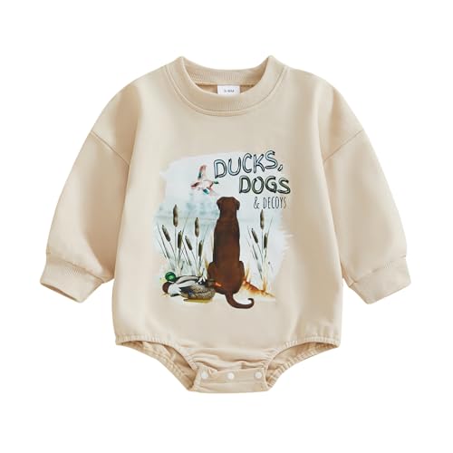 Image of Yxniwxe Newborn Baby Boy Girl Hunting Outfit 1st Birthday Mallard Duck Romper Oversized Sweatshirt Playsuit Spring Clothes