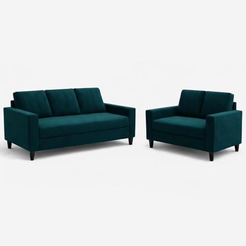 Image of Hendrick Plush Velvet 3 Seater + 2 Seater Sofa Set | Silken Velvet Suede Upholstery | Designer Sofa Set for Living Room & Office Spaces (Green Teal)