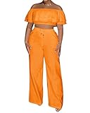 Adogirl 2 Piece Outfits For Women Off Shoulder Ruffle Trim Short Sleeve Top Wide Leg Pants Sets Sexy Outfits Orange 2XL