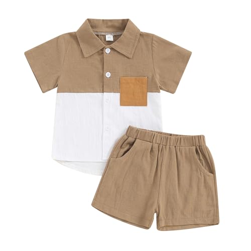 Image of fhutpw Toddler Boy Patchwork Summer Outfits Short Sleeve Button Down Shirt Tops & Casual Shorts Sets Baby 2T 3T 4T 5T Clothes