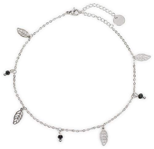 Preisvergleich Produktbild styleBREAKER Damen Fußkettchen mit Blatt Anhängern und Perlen, Ankerkette, Karabinerverschluss, Kette, Schmuck 05080007, Farbe:Silber-Schwarz