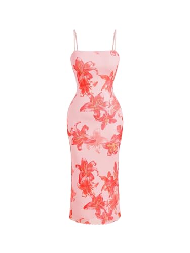 Image of BEAUDRM Women's Sexy Floral Plus Size Dress Date Night Club Cocktail Dress | Summer Vintage Mesh Bodycon Maxi Dress, Elegant Wedding Guest Dresses, Light Pink, Large Plus