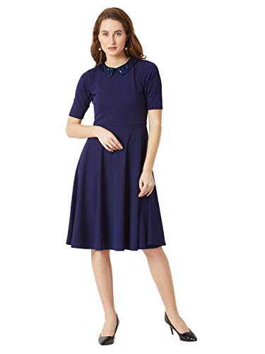 Image of Miss Chase Women's Wine Red Collared Round Neck Half Sleeve Solid Knee-Long Skater Dress