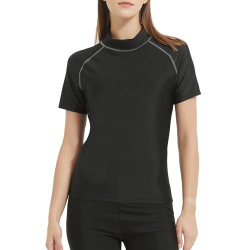 TERODACO Rash Vest Women Short Sleeve Sweat Wicking Swimming Tops for Women UV50+ Seamless Ladies Rash Guard Swimwear for Wetsuit Surfing Swimsuit,Stretchy Soft 112 Black Grey S