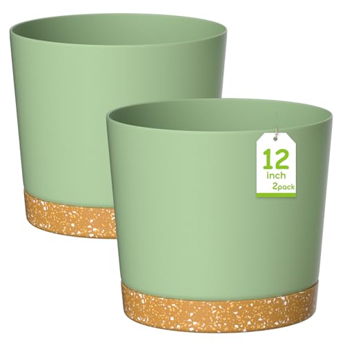 ZMTECH 30,5 cm Blumentöpfe, Kunststoff Pflanztopf mit Ablaufloch und Untertasse, Moderner Dekorativer Blumentopf für Drinnen und Draußen, Zimmerpflanzen, Sukkulenten, Blumen (2er-Set, Grün)